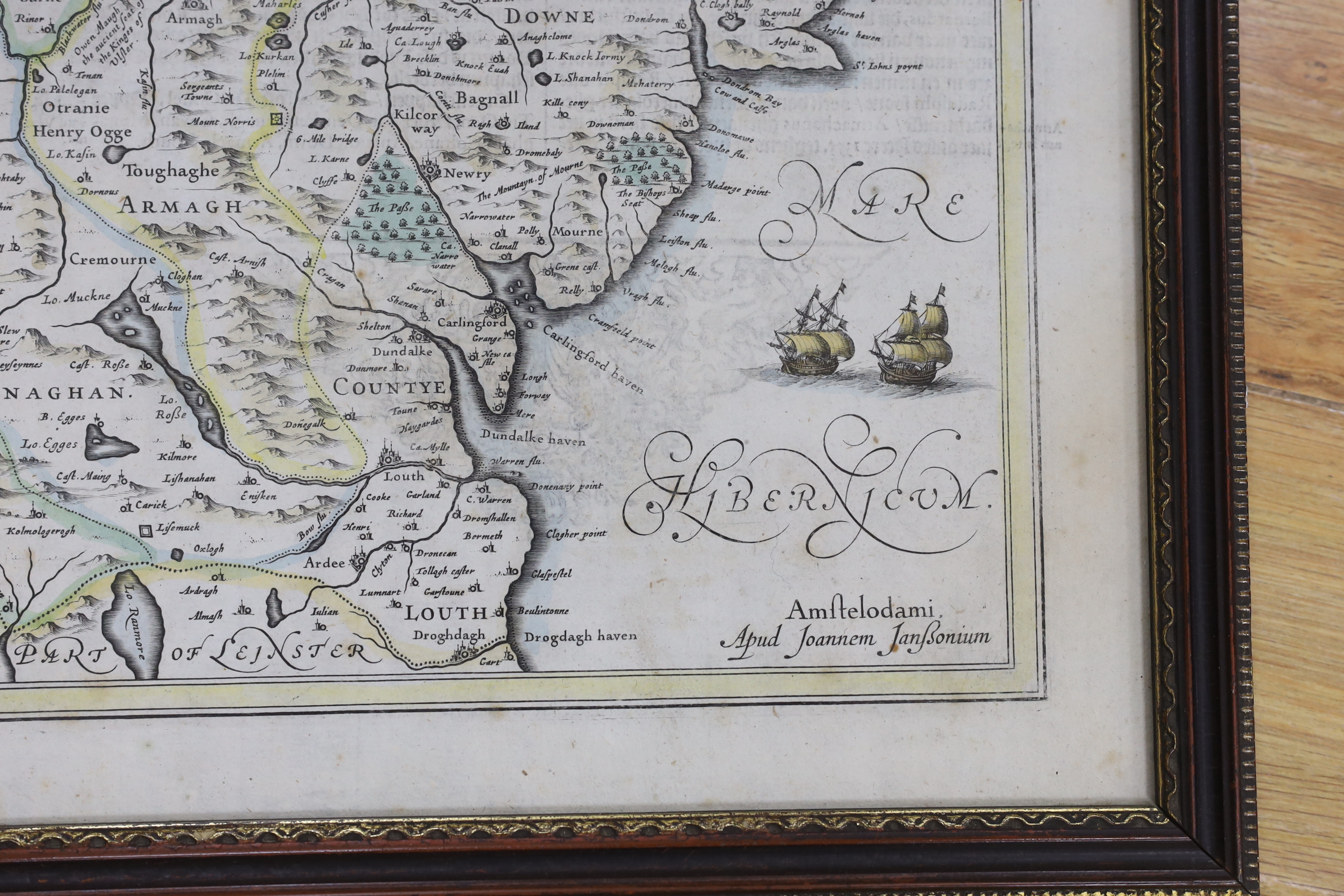 Johannes Jansson (Dutch, 1588-1664), hand-coloured map, The Province of Ulster, Northern Ireland, text verso, 44 x 54cm